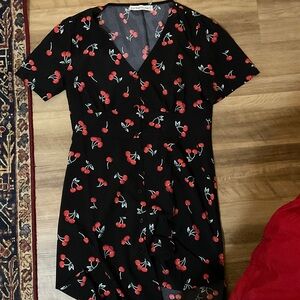 Elegant Black Cherry Print Mini Dress